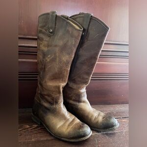 FRYE Melissa Button Brown Leather Boots with beautiful distressed patina